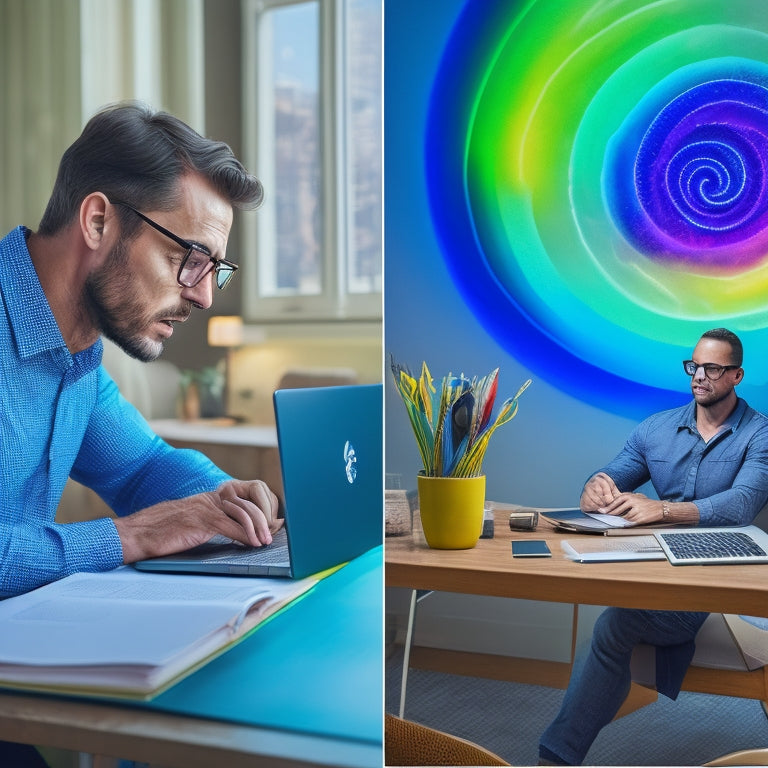 A split-screen image: a serene adult sitting at a desk with an open laptop and a notebook, surrounded by subtle math symbols in the background, alongside a vibrant, swirling vortex of colorful shapes and graphs.