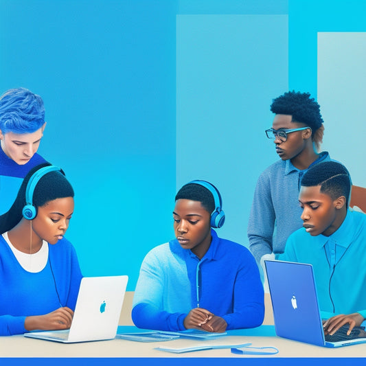 A serene, minimalist illustration featuring a diverse group of students with subtle autistic traits, surrounded by laptops, tablets, and headphones, amidst a calming, gradient-blue background with subtle circuitry patterns.