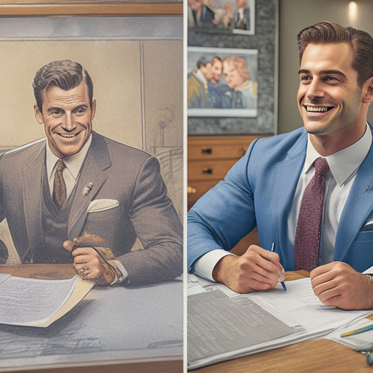 A split-image illustration: a comic book creator at a desk, surrounded by papers and pencils, with a concerned expression; on the other side, a businessman in a suit, holding a contract and smiling smugly.