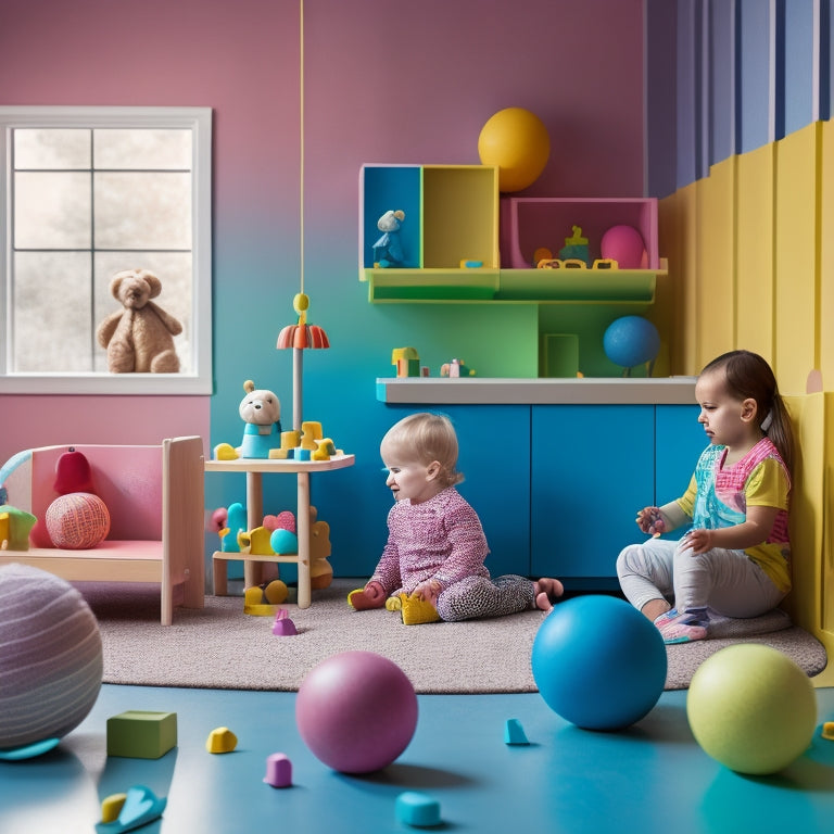 A colorful playroom scene with a toddler surrounded by cognitive toys: wooden blocks, shape-sorting toys, and a sensory table with balls and mirrors, amidst a background of soft, pastel-colored walls and natural light.