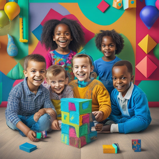 A colorful illustration of a diverse group of happy children, aged 6-10, surrounded by math-inspired objects: puzzles, shapes, blocks, and geometric patterns, with a subtle background of chalkboard equations.