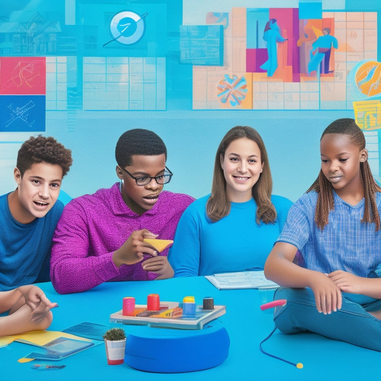 A colorful illustration of a diverse group of autistic students, each engaged with a digital device, surrounded by math-related icons, shapes, and graphs, set against a calming, gradient blue background.