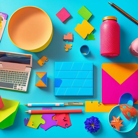A colorful, clutter-free desk with a laptop, a few math textbooks, and a scattered assortment of puzzle pieces, geometric shapes, and colorful pens, surrounded by subtle, inspirational math-themed wallpaper.