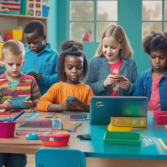 A warm, colorful illustration of a diverse group of children with special needs, each engaged with a tablet or smartphone, surrounded by learning tools and assistive devices, in a bright, inclusive classroom setting.