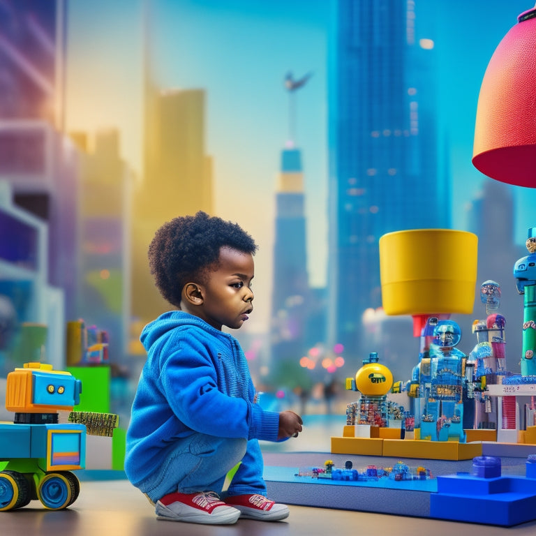 A colorful illustration of a curious kid surrounded by coding toys, robots, and building blocks, with a cityscape or futuristic background, conveying innovation and creativity.