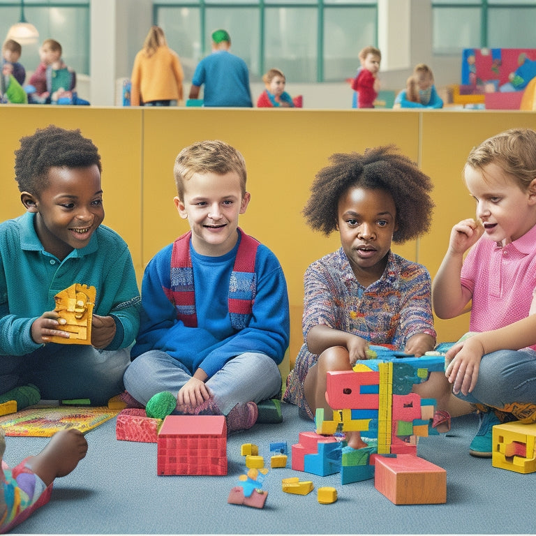 An illustration of a diverse group of children with special needs, each engaged with a unique math tool or activity, surrounded by colorful blocks, shapes, and puzzles, in a warm and inviting classroom setting.