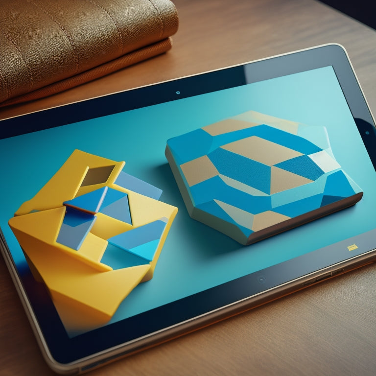 A stylized illustration of a tablet with a split screen: a math problem on one side, and a puzzle piece fitting into place on the other, surrounded by subtle math symbols and geometric shapes.