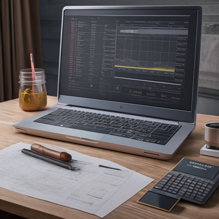 A digital illustration featuring a laptop with a split-screen display, showcasing a virtual blackboard with math equations and a virtual graph paper with plotted points, surrounded by minimalistic icons of calculators, rulers, and protractors.