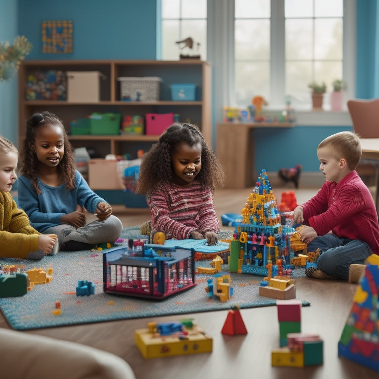 A colorful, clutter-free playroom scene with various math STEM toys scattered around, including a robotics kit, a geometry puzzle, and a set of coding blocks, surrounded by happy, engaged kids.