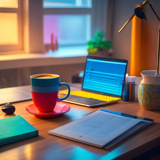 A minimalist composition featuring a brightly lit, modern desk with a sleek laptop and a few scattered math textbooks, surrounded by colorful pens and a steaming cup of coffee.