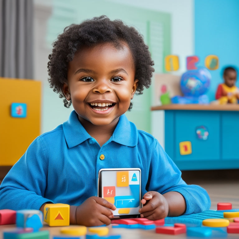 A colorful illustration of a smiling preschooler holding a tablet, surrounded by number-themed icons, blocks, and toys, with a subtle background of a learning environment.