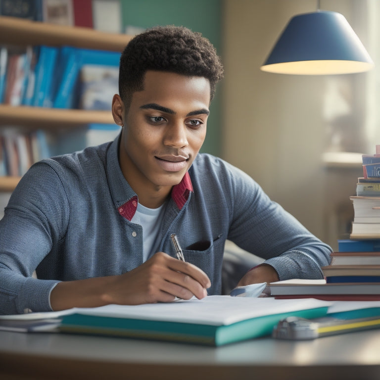 A calm and organized student sits at a clutter-free desk, surrounded by algebra textbooks, a calculator, and a few neatly arranged notes, with a confident expression and a hint of a smile.