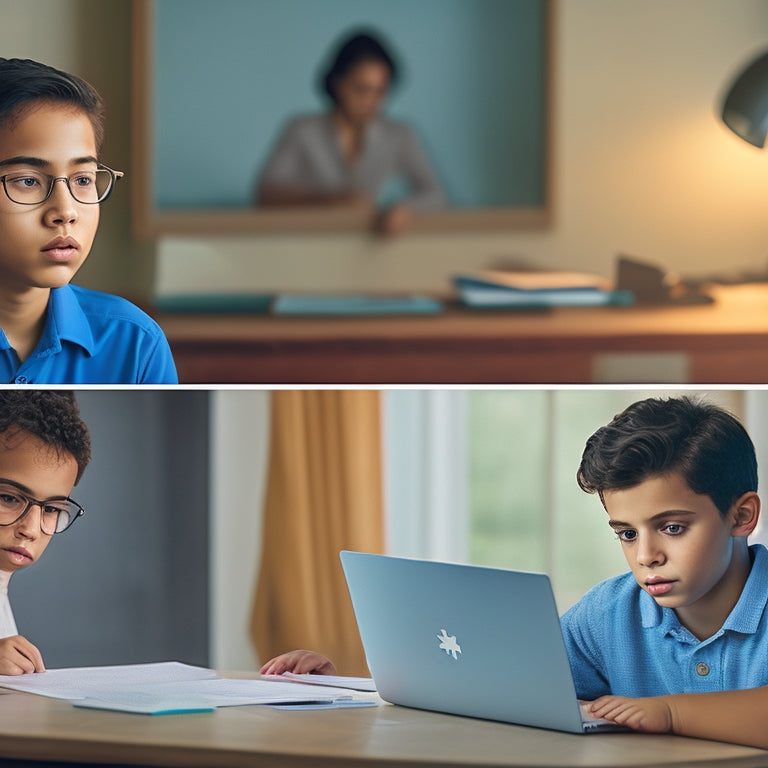 A split-screen composition featuring a puzzled student surrounded by scattered math worksheets on one side, and a confident student sitting in front of a laptop with a solved math problem on the screen on the other.
