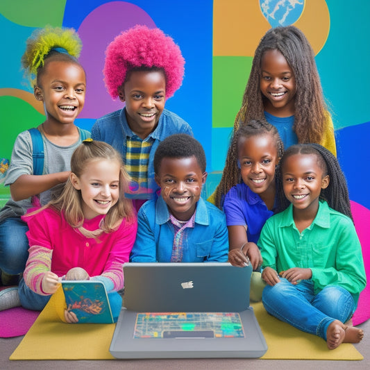 A colorful illustration of a diverse group of happy children aged 6-12, each engaged with a tablet or laptop, surrounded by virtual learning tools, such as 3D models, interactive diagrams, and virtual labs.