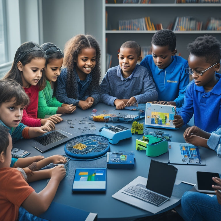 An illustration of a diverse group of kids (ages 8-12) gathered around a large, circular table, surrounded by laptops and tablets, with coding screens and robotics projects in various stages of completion.