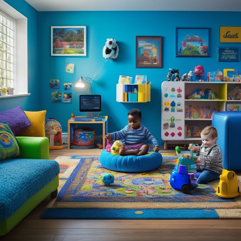 A colorful, clutter-free playroom with a toddler-aged child surrounded by various digital toys, including a tablet with educational apps, a kid-friendly smartwatch, and a coding robot.