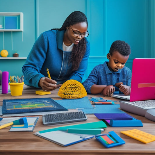 A colorful illustration of a parent and child sitting at a desk, surrounded by math tools like pencils, calculators, and geometry shapes, with a laptop and tablet open to math learning websites.
