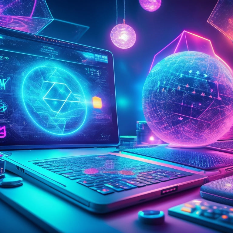 A vibrant, futuristic background with various mathematical symbols and shapes in neon colors, surrounded by laptops, tablets, and smartphones with screens displaying interactive math games.