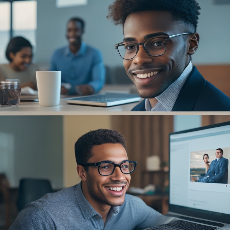 A split-screen image featuring a student sitting at a desk with a laptop and a puzzled expression on the left, and a smiling tutor appearing on the laptop screen with a virtual whiteboard on the right.