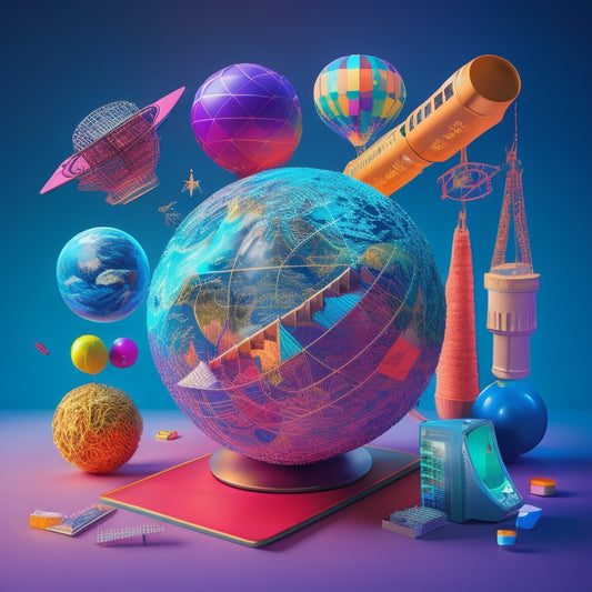 A colorful, whimsical illustration featuring a globe surrounded by various math-related icons, such as calculators, protractors, and geometric shapes, connected by glowing digital threads.