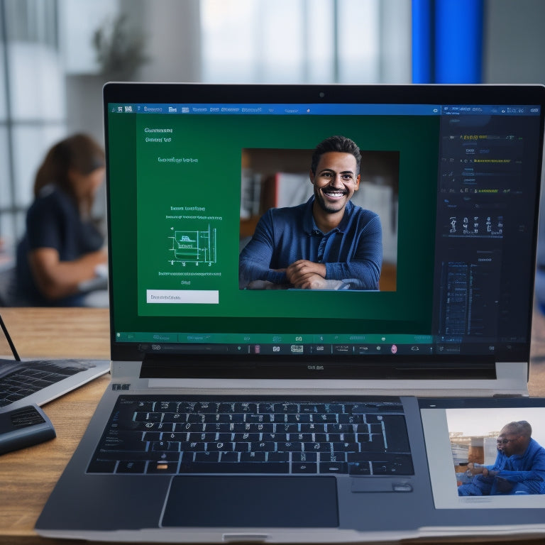 An illustration of a laptop with a split-screen display, one side showing a math equation editor with symbols and formulas, and the other side displaying a video recording setup with a green screen and a smiling instructor.