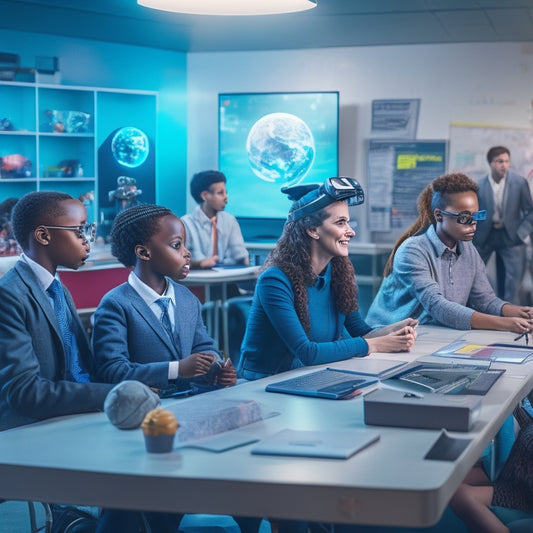 A colorful, futuristic classroom scene with a teacher and diverse students surrounded by innovative gadgets, robots, virtual reality headsets, and interactive whiteboards, with glow-in-the-dark accents.