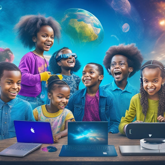 An illustration of a diverse group of happy, engaged children surrounded by glowing tablets, laptops, and virtual reality headsets, amidst a backdrop of swirling digital clouds and colorful learning icons.