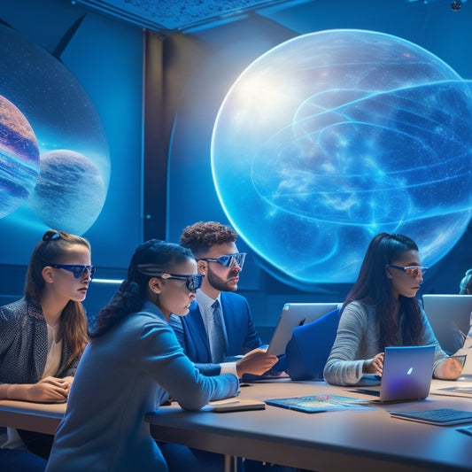 A futuristic classroom with students wearing AR glasses, surrounded by swirling 3D models of molecules, planets, and historical landmarks, with interactive holographic projections floating above their desks.