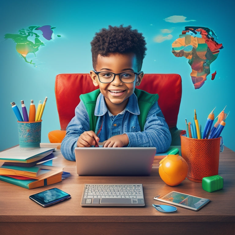 A colorful illustration of a smiling cartoon kid sitting at a desk, surrounded by laptops, tablets, and educational gadgets, with a subtle background of a globe and connected devices.