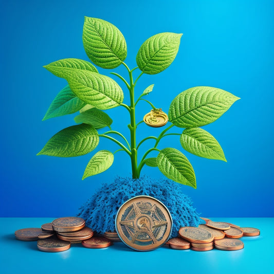 A stylized illustration of a growing plant with coins and gears integrated into its leaves and stem, set against a bright blue background with subtle grid patterns.