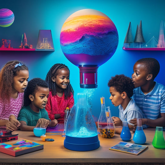 A vibrant illustration of diverse kids aged 6-12, surrounded by colorful science fair exhibits, including a volcano, a solar system model, and a homemade lava lamp, with curious expressions and hands-on interactions.