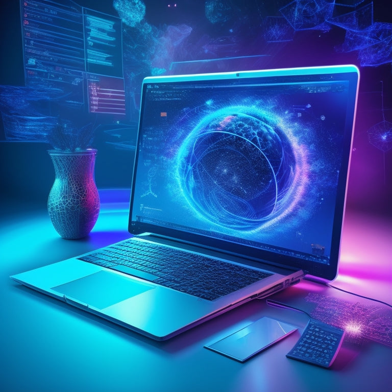 A colorful, futuristic illustration featuring a laptop surrounded by swirling math symbols, formulas, and equations, with a subtle glow emanating from the screen, set against a dark blue background.