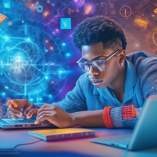 A colorful, futuristic illustration of a student surrounded by swirling math symbols, gears, and circuits, with a laptop and tablet displaying interactive math lessons in the foreground.