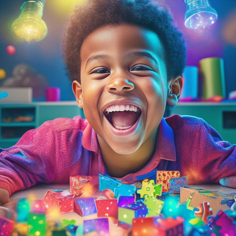 A colorful illustration of a cheerful 4th grader, surrounded by puzzle pieces, brain teasers, and game controllers, with a thought bubble filled with swirling puzzle fragments and a bright lightbulb.