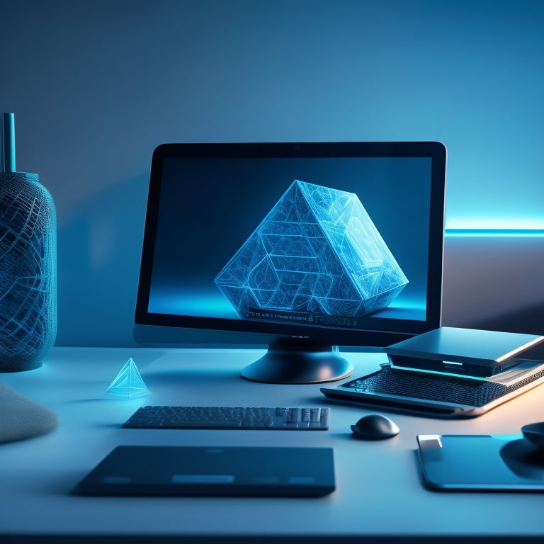 A futuristic, minimalist desktop with a laptop, tablet, and smartphone, surrounded by 3D geometric shapes, mathematical symbols, and subtle coding patterns in the background, illuminated by a soft blue glow.