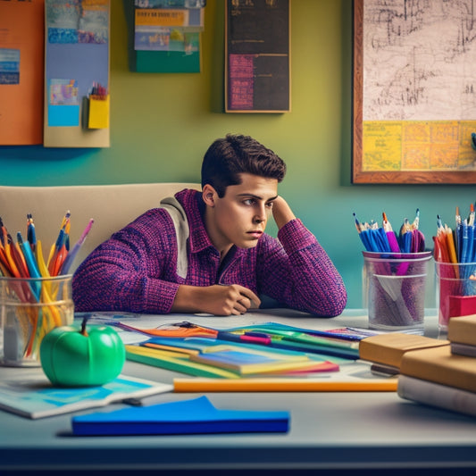 A colorful illustration of a student sitting at a desk, surrounded by scattered math textbooks and pencils, with a puzzled expression, and a subtle background of a math problem-filled chalkboard.