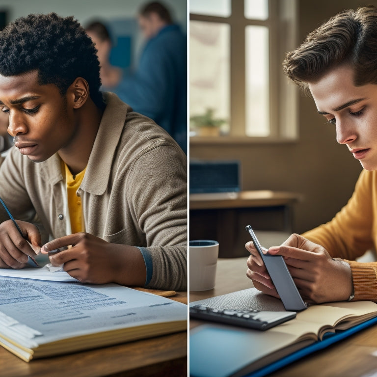 A split-screen image featuring a stressed student surrounded by math textbooks and papers on the left, and a relaxed student using a tablet with a math homework help app on the right.