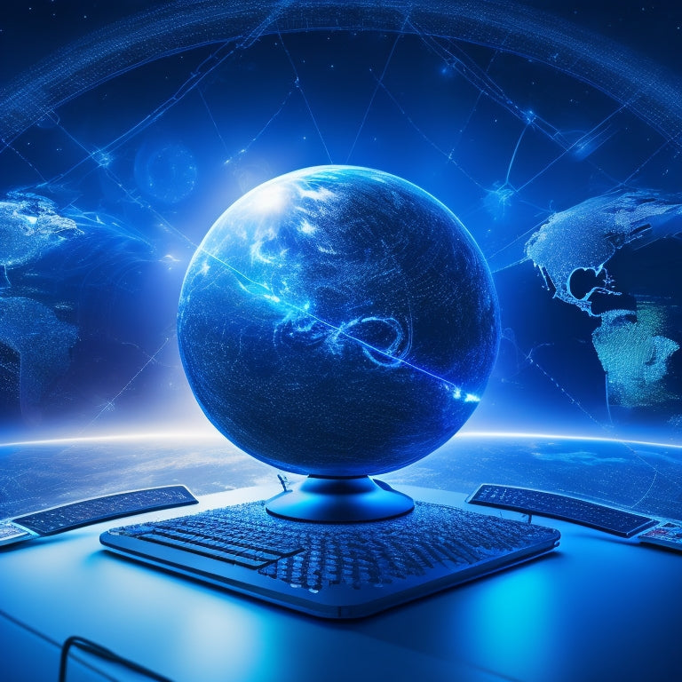 A futuristic virtual learning environment with a globe at its center, surrounded by laptops, tablets, and smartphones, connected by glowing blue lines and orbits, set against a dark blue background with subtle starry night sky patterns.
