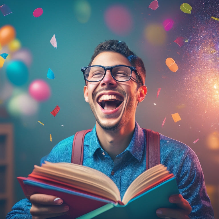 A colorful illustration of a smiling cartoon student surrounded by confetti, balloons, and math symbols, holding a textbook with a bright, glowing light emanating from its pages.