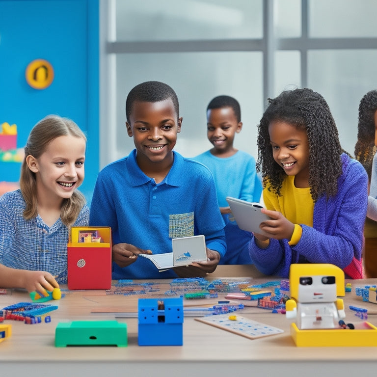 A colorful, clutter-free desk with a mix of coding toys, including a robot, building blocks, and a tablet with a coding app open, surrounded by curious, diverse kids aged 6-12, engaged and smiling.
