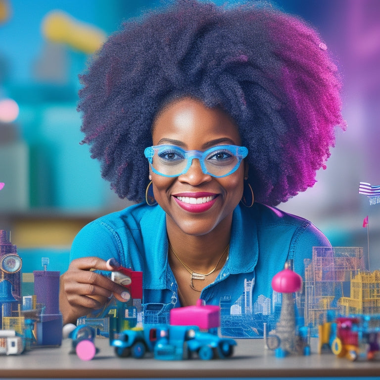 A playful, colorful illustration of Azhelle Wade, a smiling Black woman with curly hair and goggles, surrounded by toy prototypes, gears, and blueprints, with a cityscape of toy factories in the background.