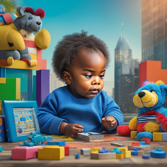 A colorful illustration of a toddler sitting in front of a tablet, surrounded by toys and blocks, with a cityscape or park background, featuring icons of puzzles, animals, and musical notes.