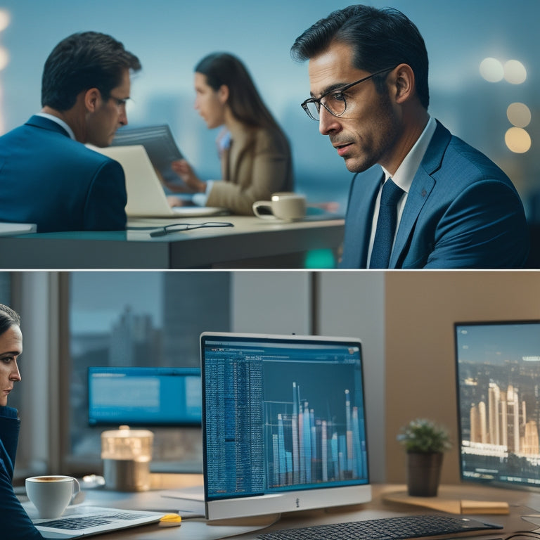 A split-screen image with two people intensely focused on their laptops, surrounded by financial papers and coffee cups, amidst a blurred cityscape background with stock market tickers and graphs.