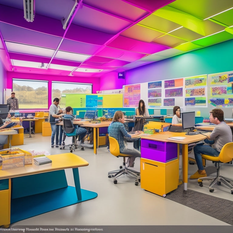 A colorful, futuristic classroom with diverse students using tablets, VR headsets, and laptops, surrounded by interactive whiteboards, 3D printers, and assistive technology devices, amidst a vibrant, inclusive atmosphere.