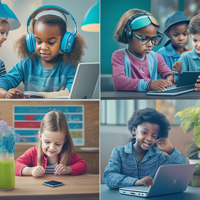 A vibrant illustration of diverse children (ages 6-12) engaged in various digital learning activities: a boy coding on a laptop, a girl using a virtual reality headset, and others using tablets and smartphones.