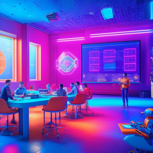 An illustration of a colorful, futuristic classroom with virtual screens, robots, and diverse students engaged in interactive math lessons, surrounded by glowing math symbols and equations.
