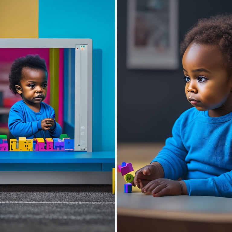 A split-screen image with a toddler sitting in front of a screen displaying a colorful educational video on one side, and the same toddler playing with blocks and toys on the other, with a subtle frown on their face.