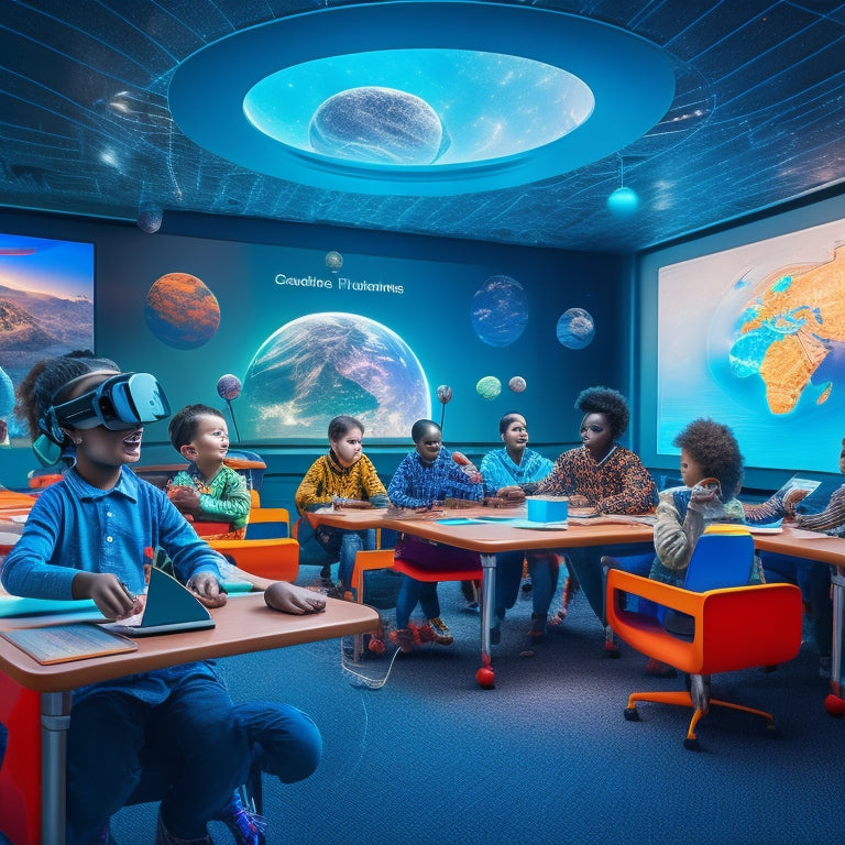 A colorful, futuristic classroom with diverse kids wearing VR headsets, surrounded by virtual 3D models of planets, animals, and historical landmarks, with a subtle glow of screens and wires.
