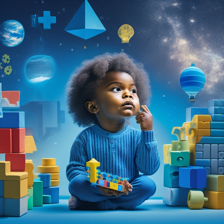 An illustration of a curious child surrounded by building blocks, gears, and puzzles, with thought bubbles depicting cogs, lightbulbs, and question marks, set against a bright blue background with scattered stars and planets.