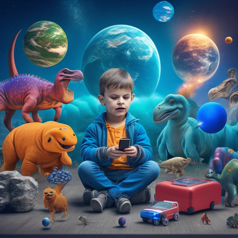 A colorful illustration of a curious child surrounded by floating tablets, smartphones, and laptops, with 3D models of planets, atoms, and dinosaurs bursting out of the screens.